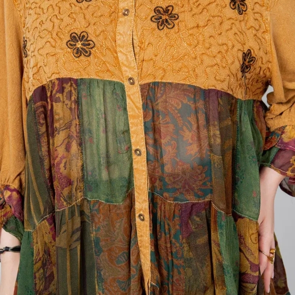 #116 NWT Young Threads Camel Earthy Boho Patchwork Tiered Top Woman Size L - Picture 11 of 16